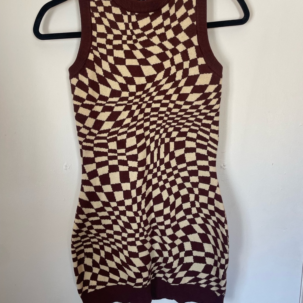 Motel Rocks Sleeveless Mini Dress in Burgundy and Cream Checkerboard